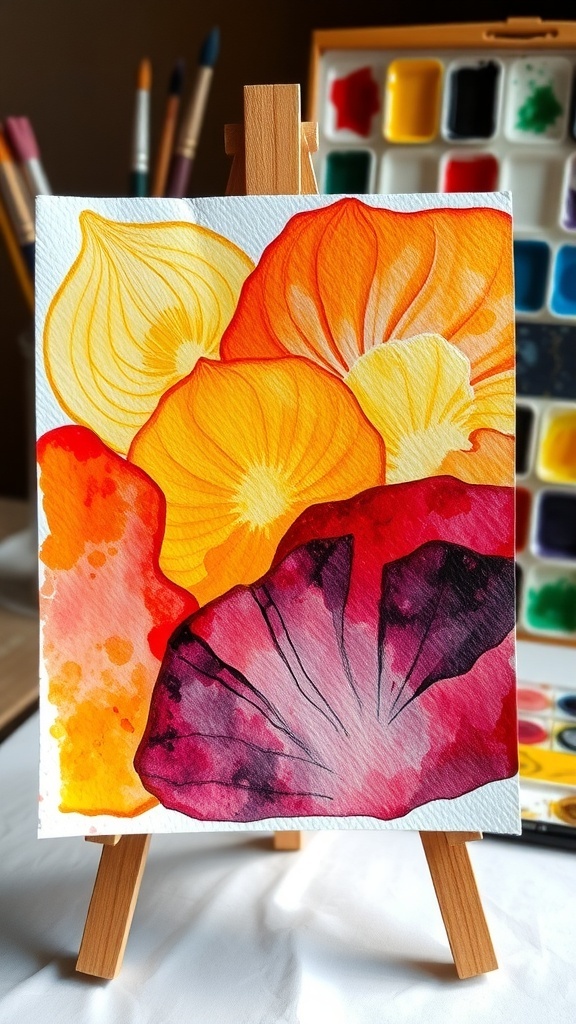 A colorful watercolor painting made from onion skin dyes, showcasing warm hues and organic textures.